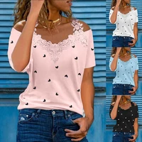 2022 summer fashion women casual blouses lace stitching cold shoulder shirts short sleeves cute heart print tops