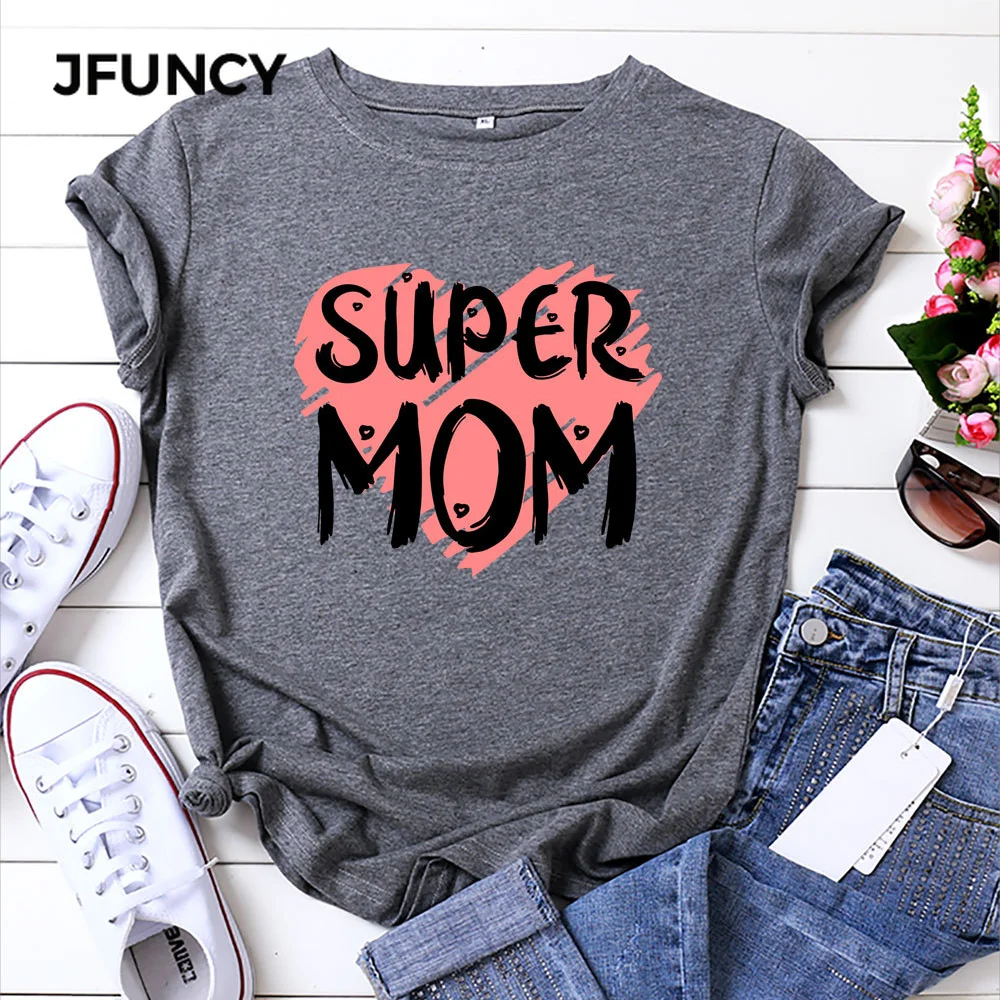 JFUNCY Women Summer Tops 100% Cotton Oversize Short Sleeve T-shirts Female Casual Tshirt Super Mom Letter Print Lady Tees