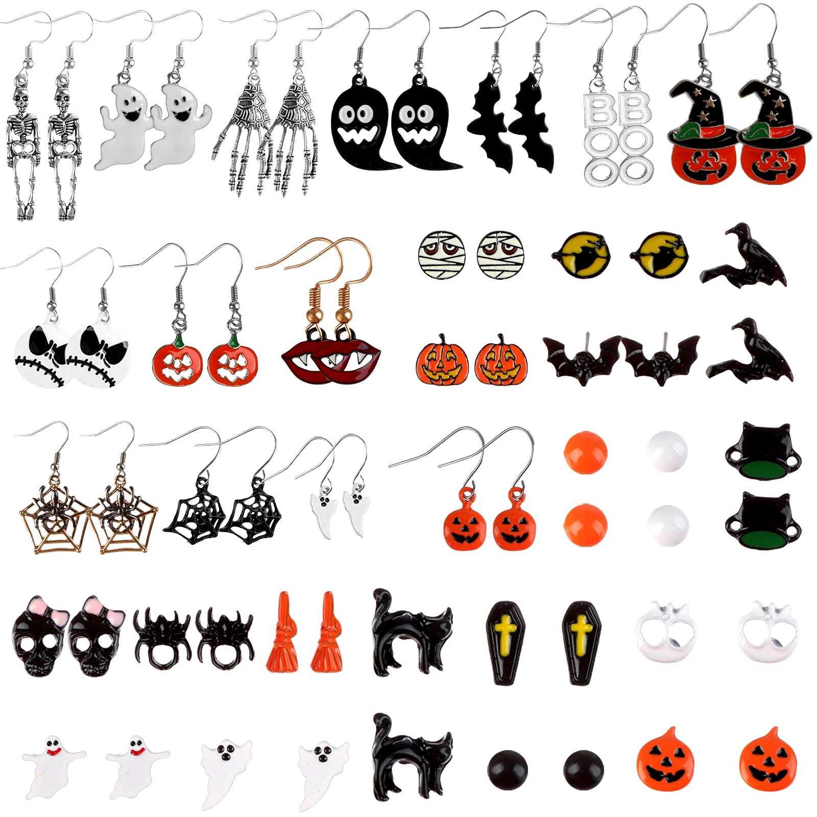 

32 Pairs Halloween Stud Earrings Sets Pumpkin Spider Web Ghost Drop Earrings Bat Cat Witch Stud Earrings Halloween Jewelry