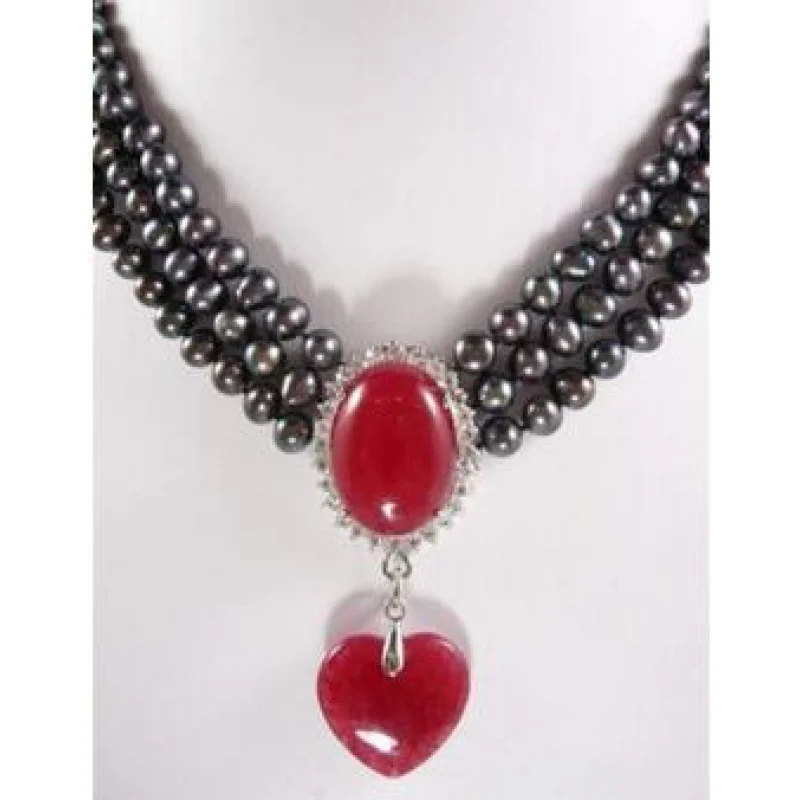 

Details about Charming 3 rows 7-8mm black pearl necklace pink jade pendant