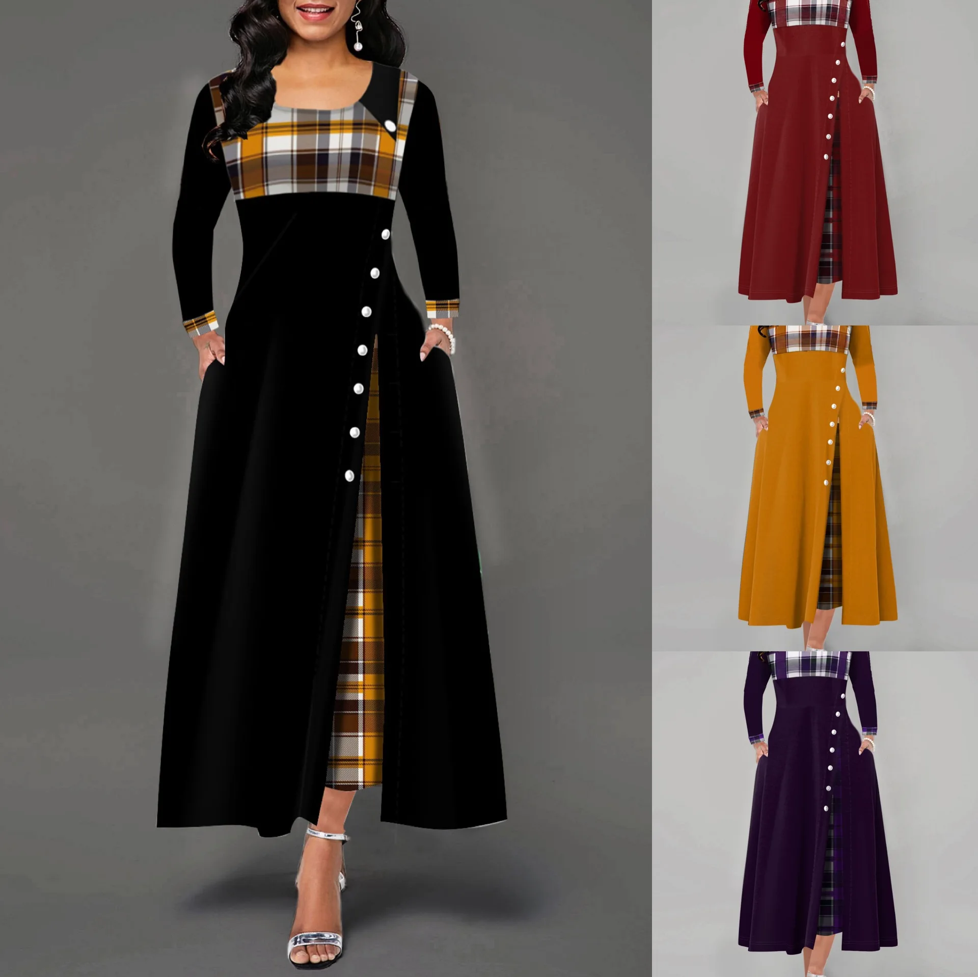 

Spring and Autumn Women's Irregular Plaid Dress Color Contrast Long Sleeve Casual Commuter Female & Lady Dresses