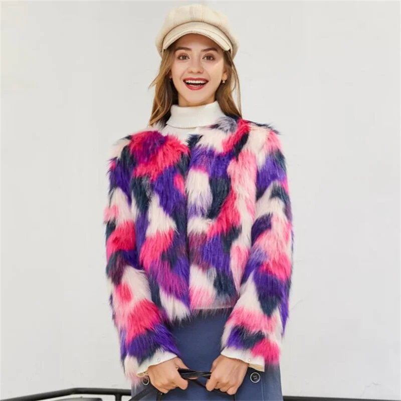 Autumn faux mink leather jacket womens Colorful camouflage fur leather coat women Cardigan jackets jaqueta de couro fashion