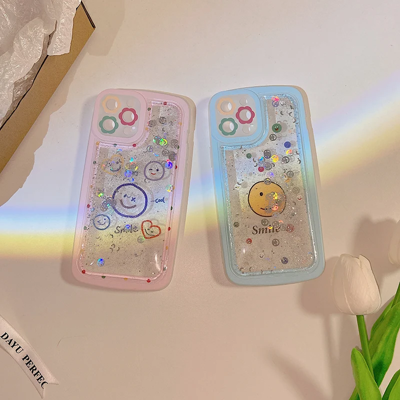 

Fashion Simple Smile Face Glitter Quicksand Phone Case For iPhone 13 11 12 Pro Max XS XR X 8 7 Plus SE 2 Back Cover