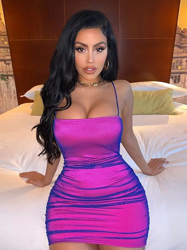 

Summer Sleeveless Spaghetti Strap Mini Dress Summer Women Sexy Backless Party Dresses Fashion Ruched Bodycon Pencil Dress Female