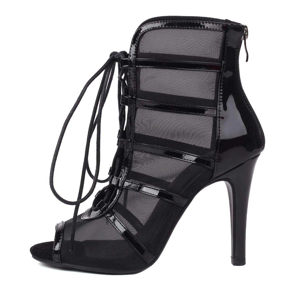 Sexy Fashion Dance Women Shoes High Quality Cross Strap High Heels Open Toe Dancing Mesh Lace-up Sandals Woman's salsa shoe 42