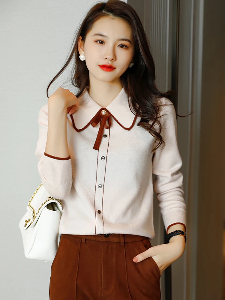 

Cardigan Women Sweaters 2022 Korean Fashion White Elasticity Bow Polo Neck Long Sleeve Top Casual Solid Elegant Female Knitwear