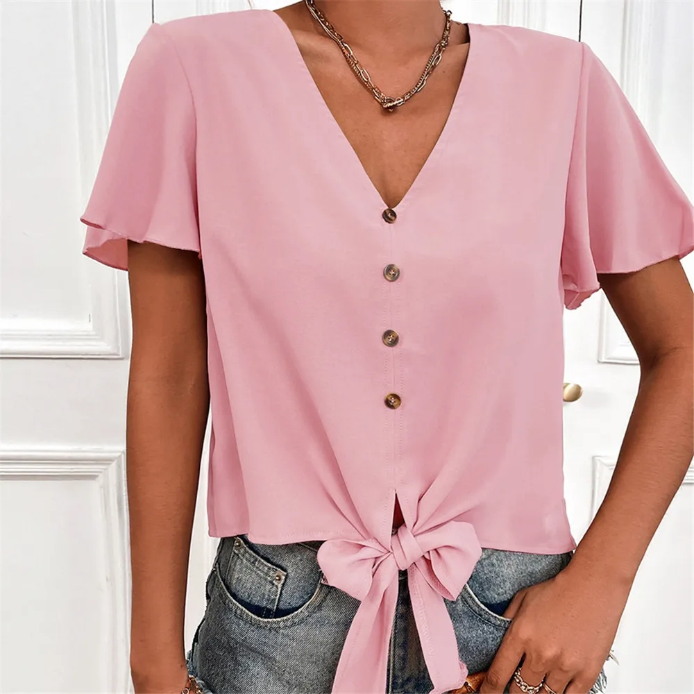 

Women Fashion Chic Pink T-Shirt Short Sleeve V-neck Single Breasted Bow Tie Patchwork Elegant Pullover Ladies T-shirt For Summer