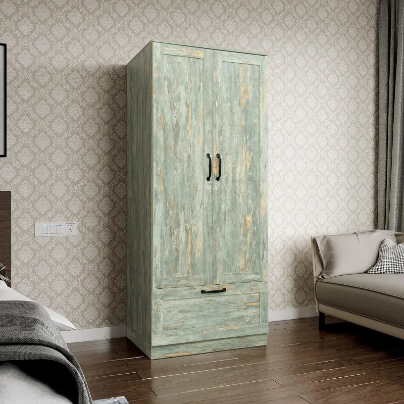 

Armoire 2 Doors, Wardrobe Cabinet with Storage Drawers and Hanging Rail, Freestanding Wooden Closet for Bedroom, Bathroom