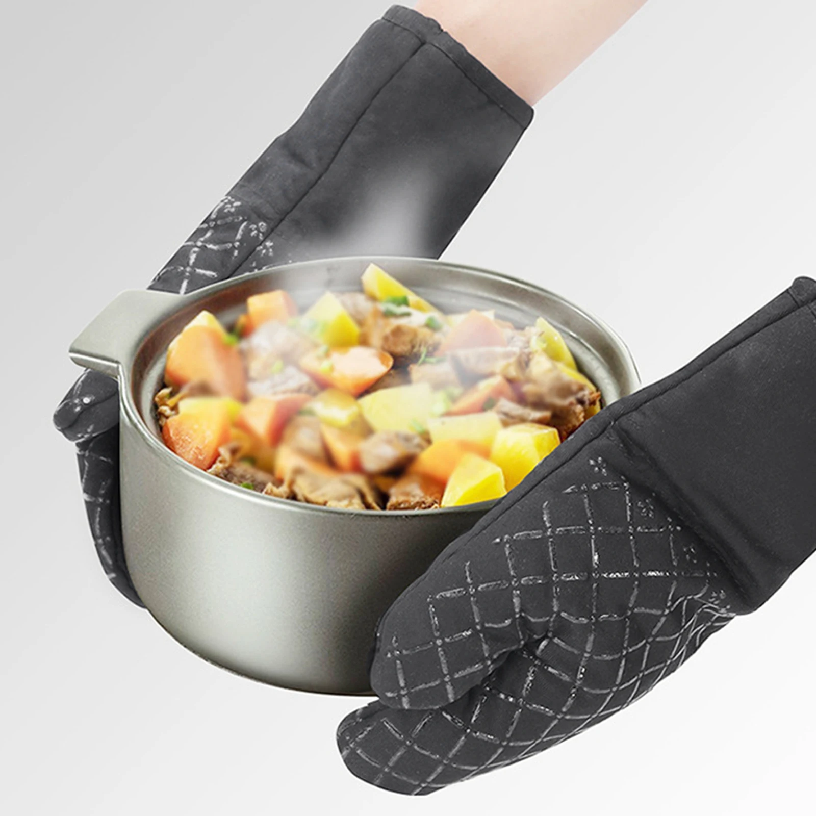 

1Pair Barbecue Gloves Plaid Cotton Kitchen Insulation Gloves with Heat Insulation Pad Heat Temperature Resistant Adults