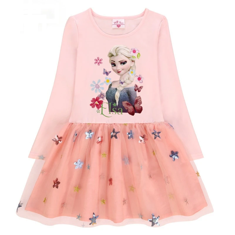 

Disney Autumn Long Sleeve Princess Dress Elsa Anna Printed Sequins Mesh Girls Costume Fall Little Girls Clothing Kids Outfits