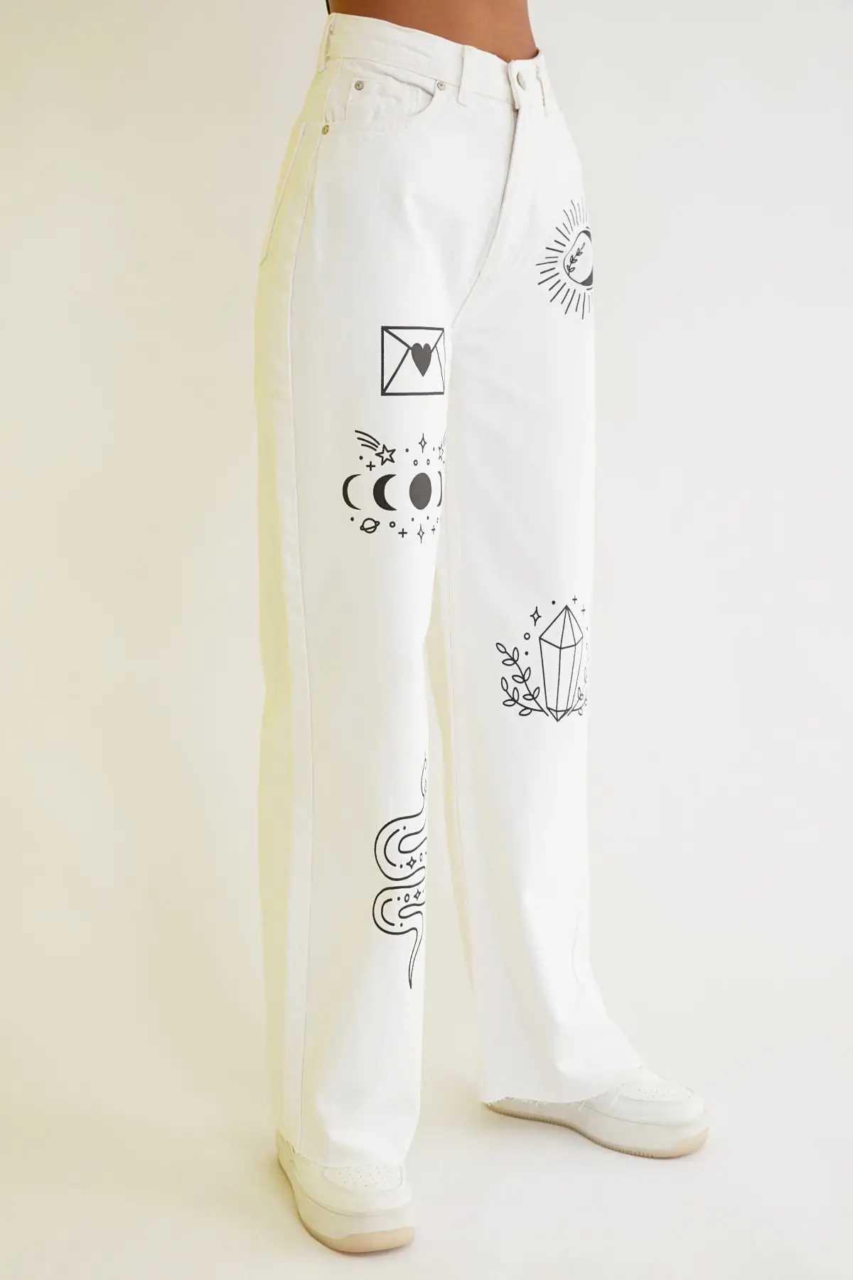 

Women's White Printed High Waist Jean Pattern Pants Style Grunge Quality Design Summer Gothic Fashion Aesthetic Punk Bottom Clothes