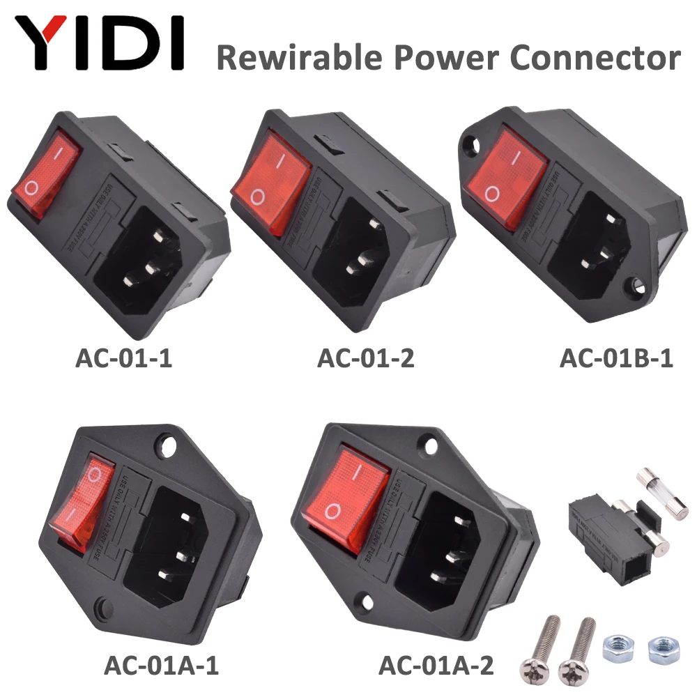

5/10 Sets IEC 320 C13 Inlet AC Power Plug Adapter Socket Copper Wire Connector 3 Pin 10A 250V Red Light Rocker Switch with Fuse