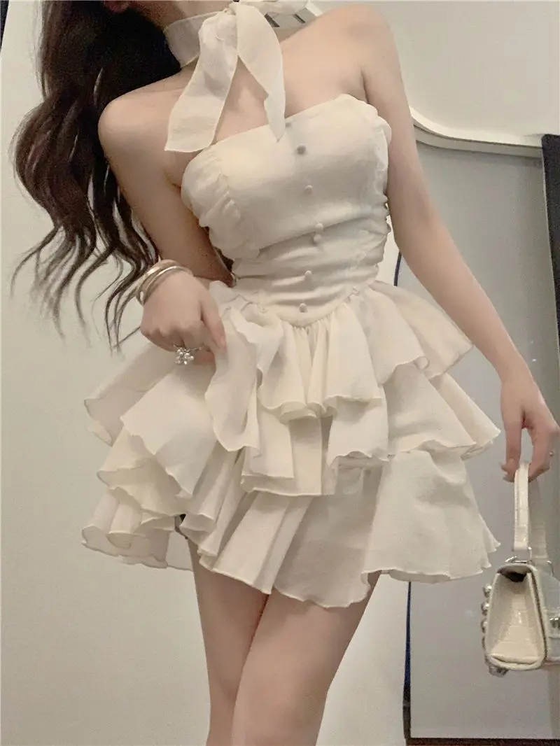 

Summer Dresses Womans Korean Style One Shoulder Strapless Dress Fairy Sexy Ruffled Elegant Cake Skirt WhiteBeach Dress Vestidos