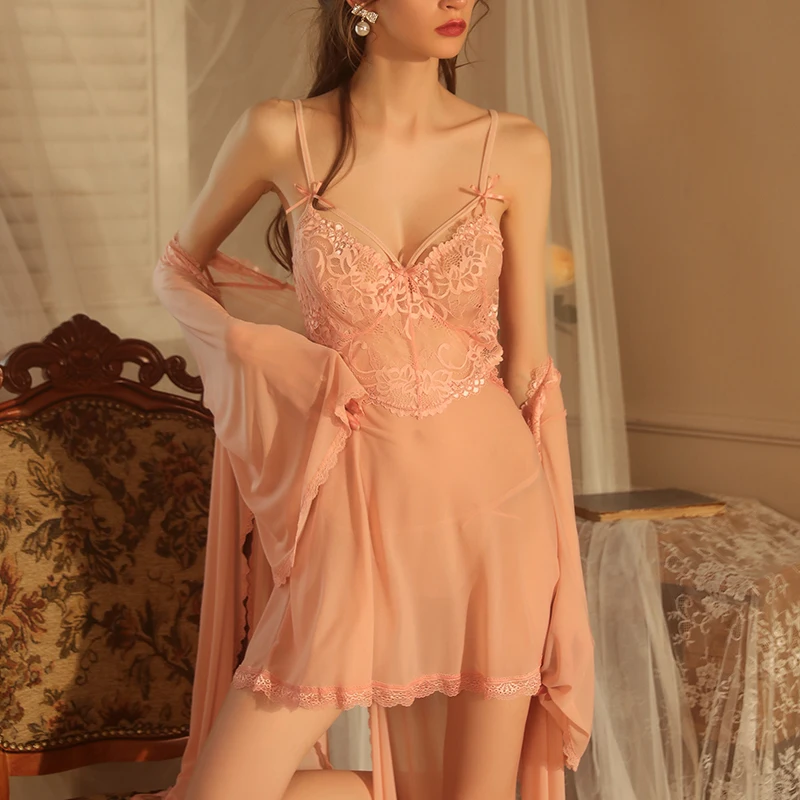 Women's Nightgown New Sexy Mesh Perspective Lace Sweet Sling Nightdress Female Robe Homewear Women's Pajamas Sexy Sleepwear