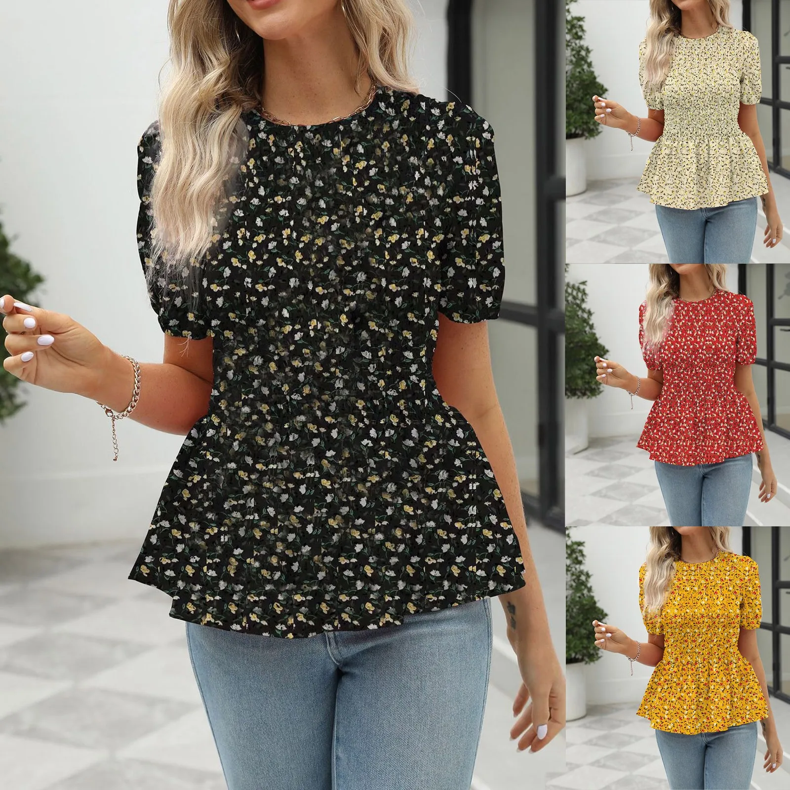 

Womens Fashion Casual Top O Neck T Shirts Summer Floral Girdle Sleeve Casual T Shirts Top Womens T Shirts for Summer