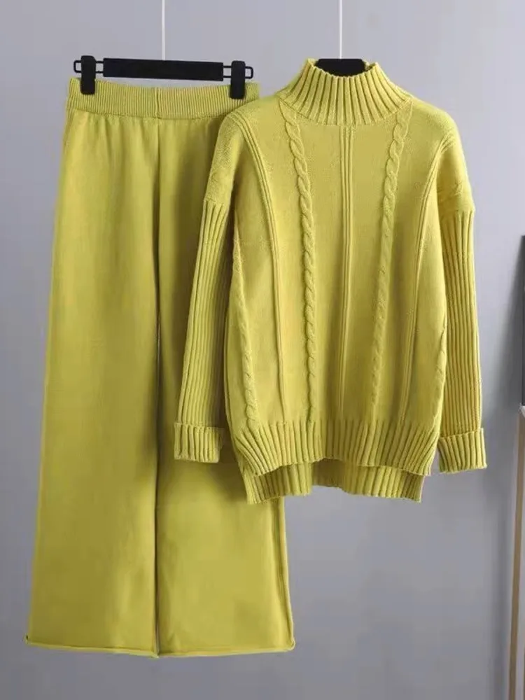 

Зимний теплый плотный вязаный комплект из двух предметов для женской офисной одежды, элегантный Однотонный свитер и брюки с широкими штанинами