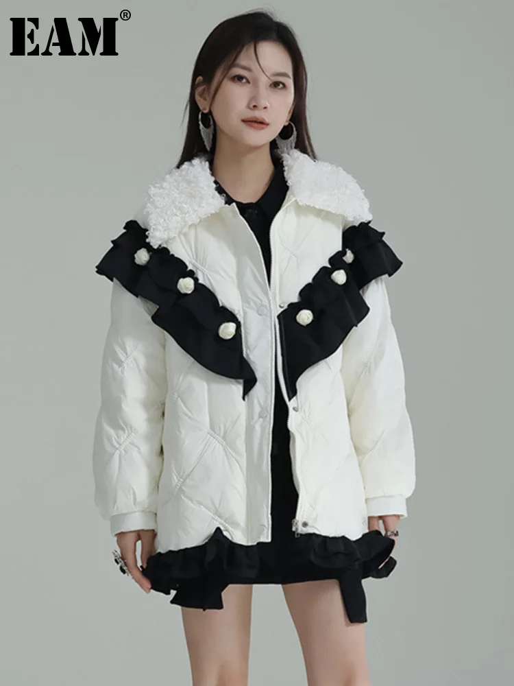 [EAM] White Big Size Warm Color-block Ruffles Down Jacket New Lapel Long Sleeve Women Parkas Fashion Autumn Winter 2023 1DF4023