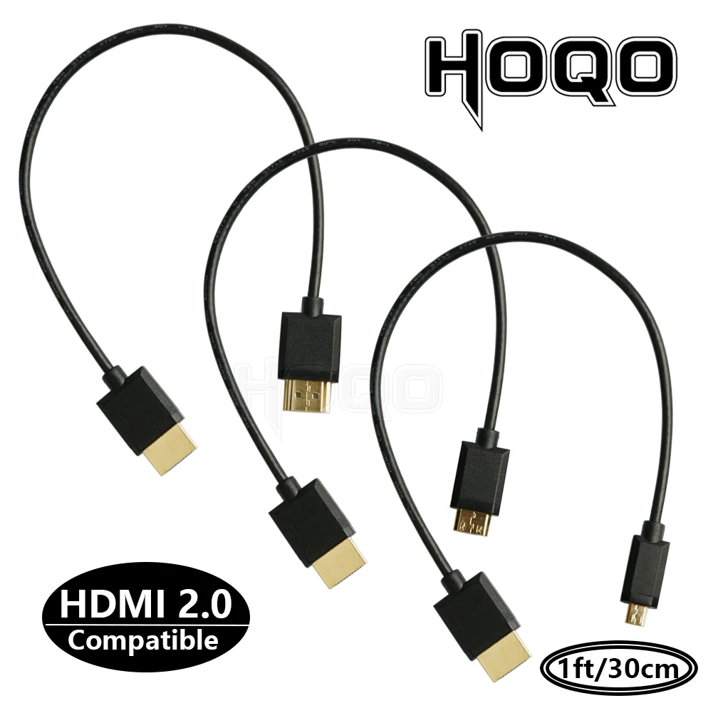 OD 3.2mm Super Soft Micro HDMI to HDMI to Mini HDMI Cable Ultra thin 4k@60hz Light-weight Portable 1ft short thin hdmi2.0 coiled