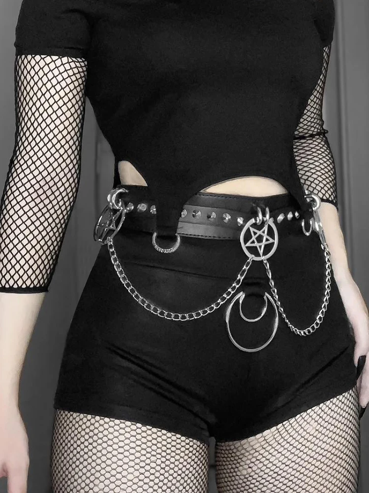 

Y2K Rivet Sashes Chain Leather Ultra Shorts Summer High Waist Gothic Black Shorts Emo Punk Pu Metal Belt Bodycon Shorts