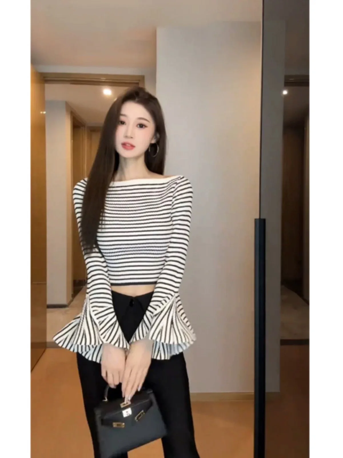 Женская вязаная осенняя блузка топы с разрезом на шее полосатые рубашки