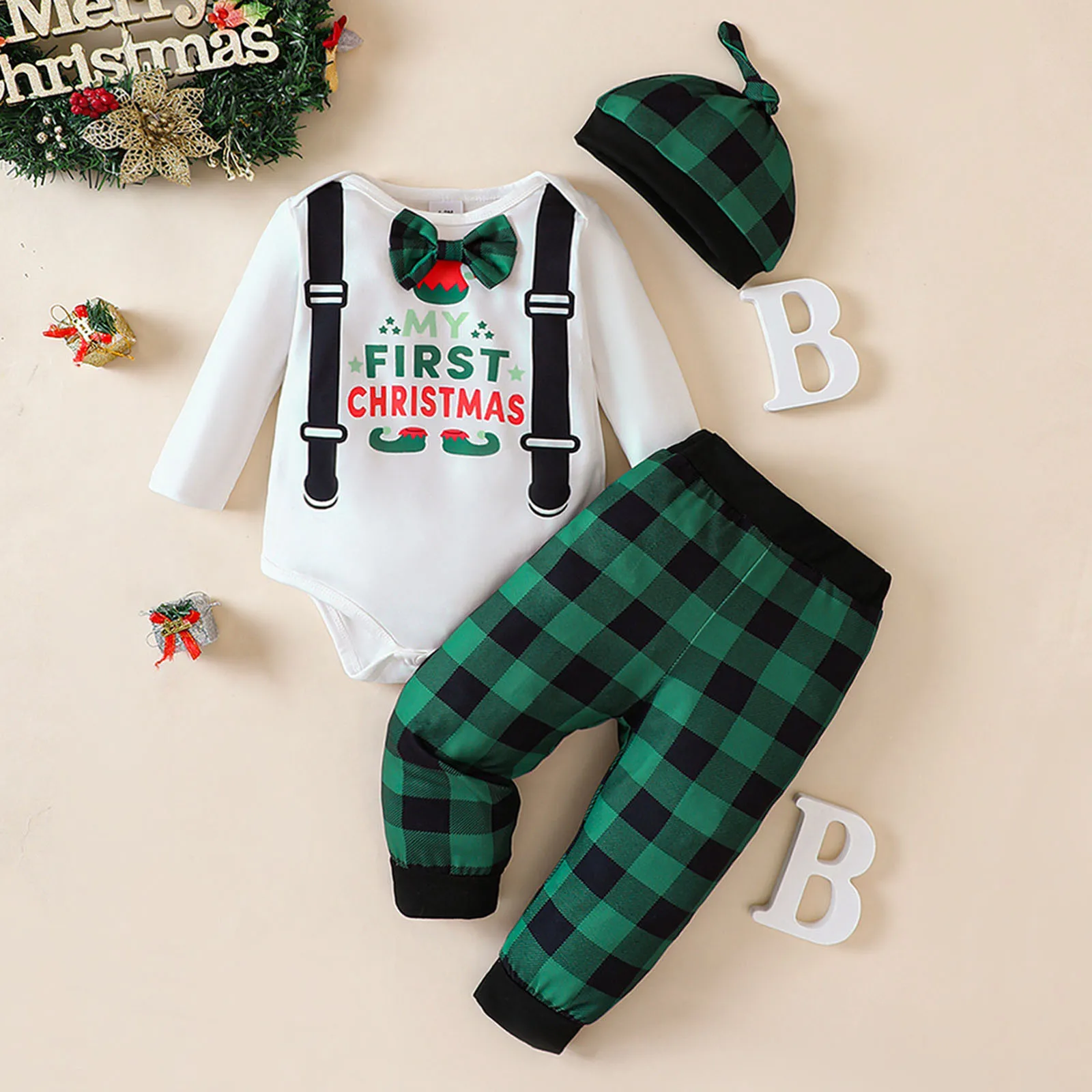 

3 6 9 12 18M My First Christmas Baby Outfits Sets Cartoon Deer Romper+Striped Footed Pants+Hat Happy New Year Baby Costume 2024
