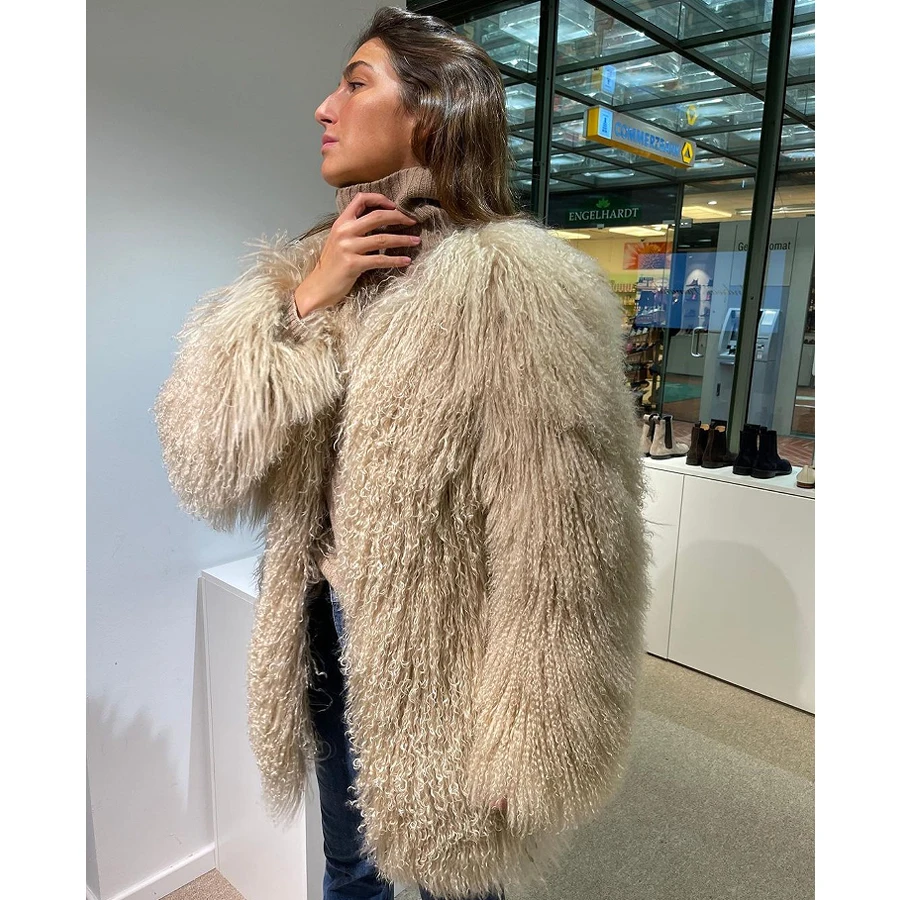 Women Lamb Fur Coat Mongolia Sheep With Round Collar Mid-Length Winter Real Jacket 2024