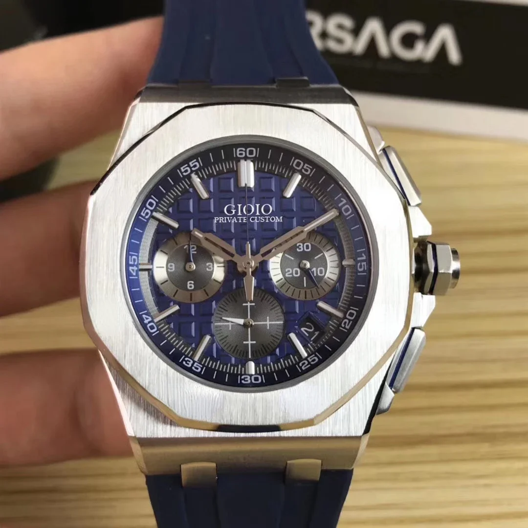 

Men Quartz Chronograph Watch Rose Gold Black Blue Rubber