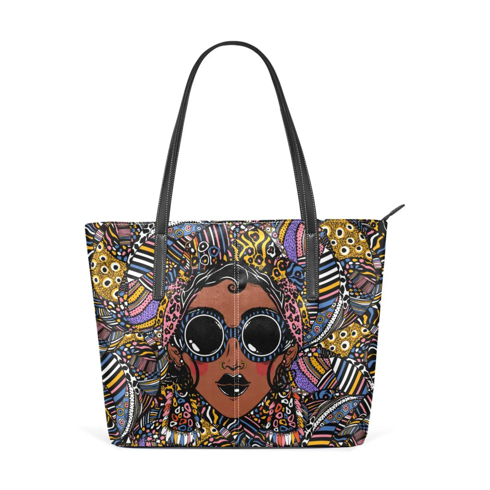 

ALAZA New bag Handbag ladies' canvas Afro African Girls Black Painting Big PU Leather Women Shoulder Bag Shopping Messenger Bags