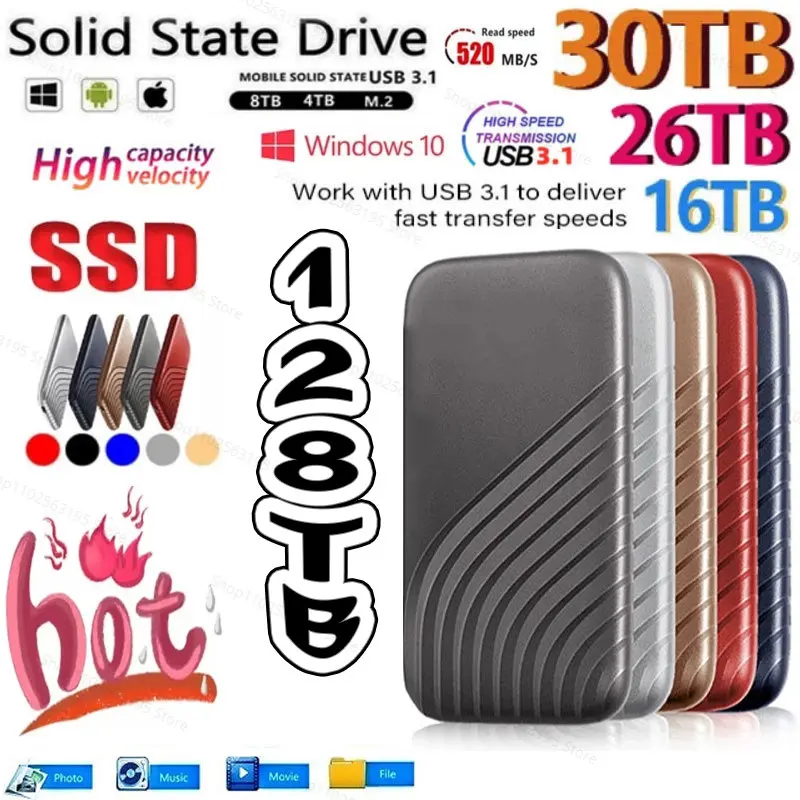 

New Portable High Speed Mobile Solid State Drive 8/16/30/64/128TB SSD Mobile Hard Drives External Storage Decives for Laptop Mac