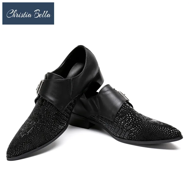 

Christia Bella Crocodile Pattern Black Genuine Leather Men Brogue Shoes Pointed Toe Buckle Big Size Business Formal Mens Shoes