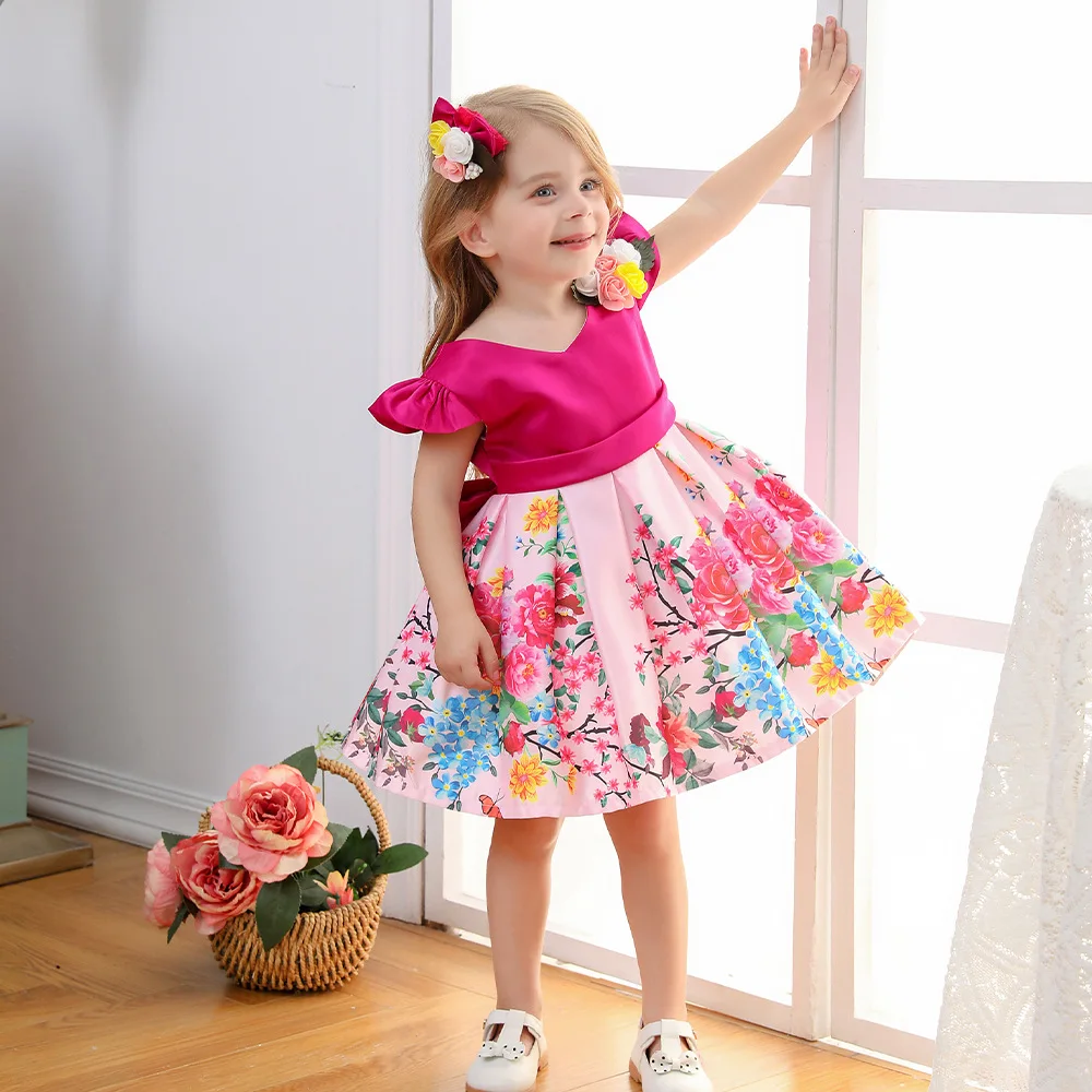 

Girls Dress Summer Bow Girls Print V Back Festive Dress Christmas Girl Baby Dress Toddler Girl Clothes Party Dresses for Girls