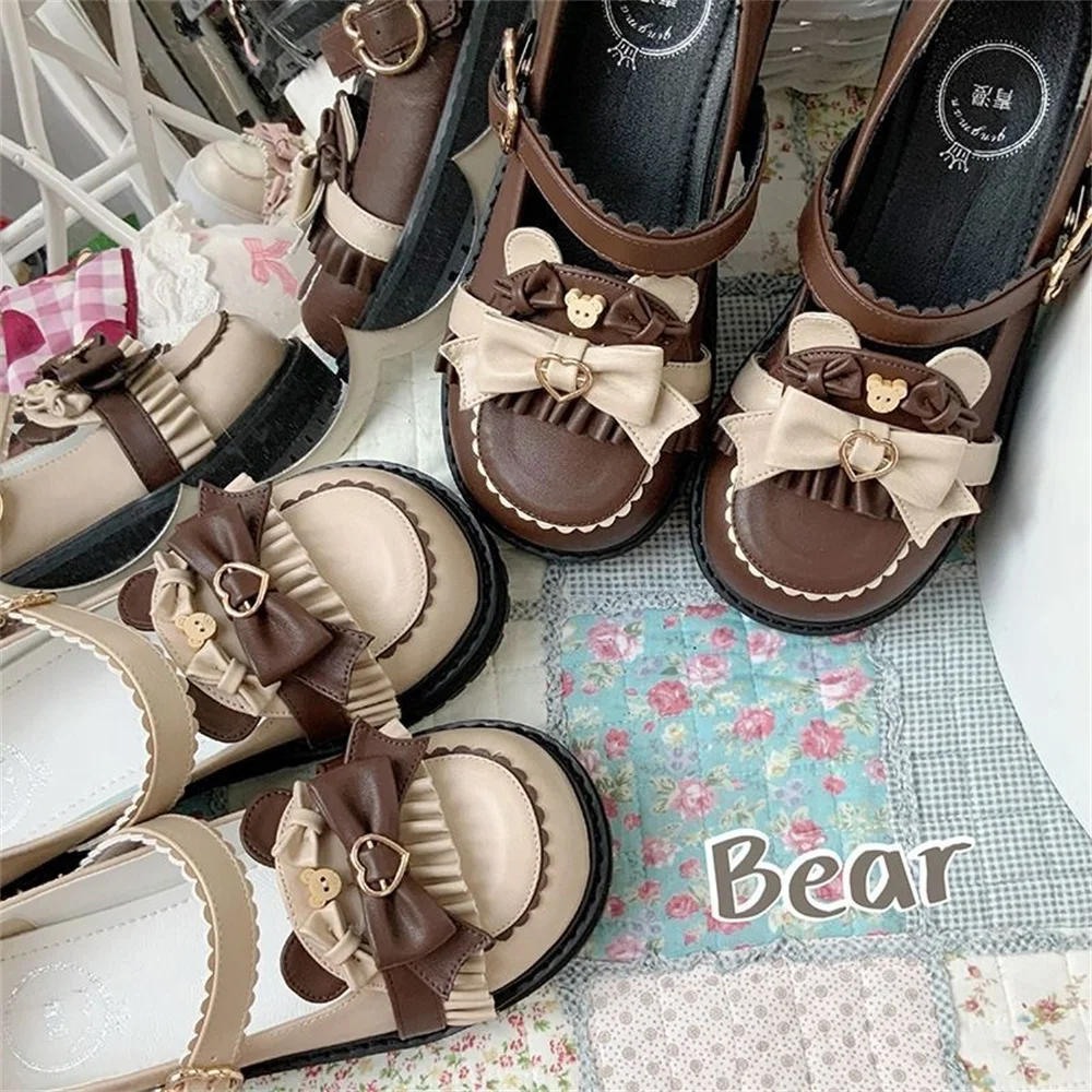 Kawaii Bowknot Bear Lolita Shoes Japanese JK Uniform Shoes Retro British College Style Female Student Lovely Round Toe Shoes