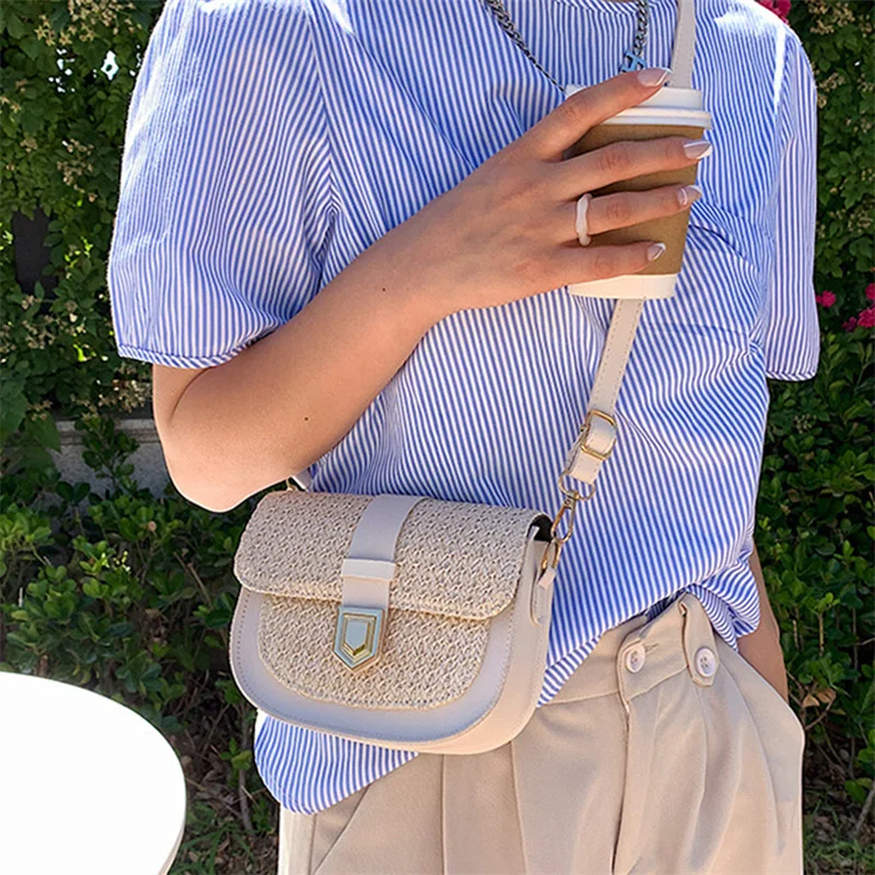 

Bohemia Woven Rattan Bags For Women 2022 ​Shoulder Bag Splicing Straw Bags Braided Beach Women Saddle Bag Female