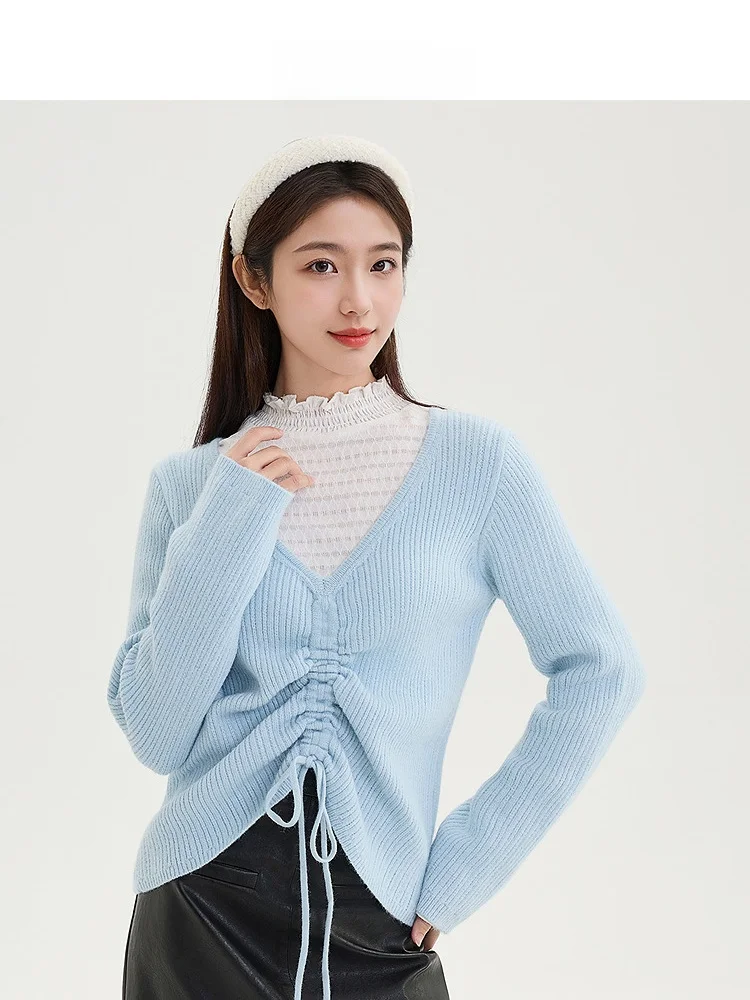 Sanfu Red Knit новинка 2024 осенний плиссированный укороченный свитер с v-образным