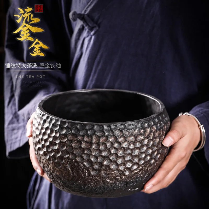 

Extra Large Japanese Style Coarse Pottery Hammered Tea Basin Handmade Retro Gilding Cup Wash Tea Basin Ceramic Tea Residue Barre