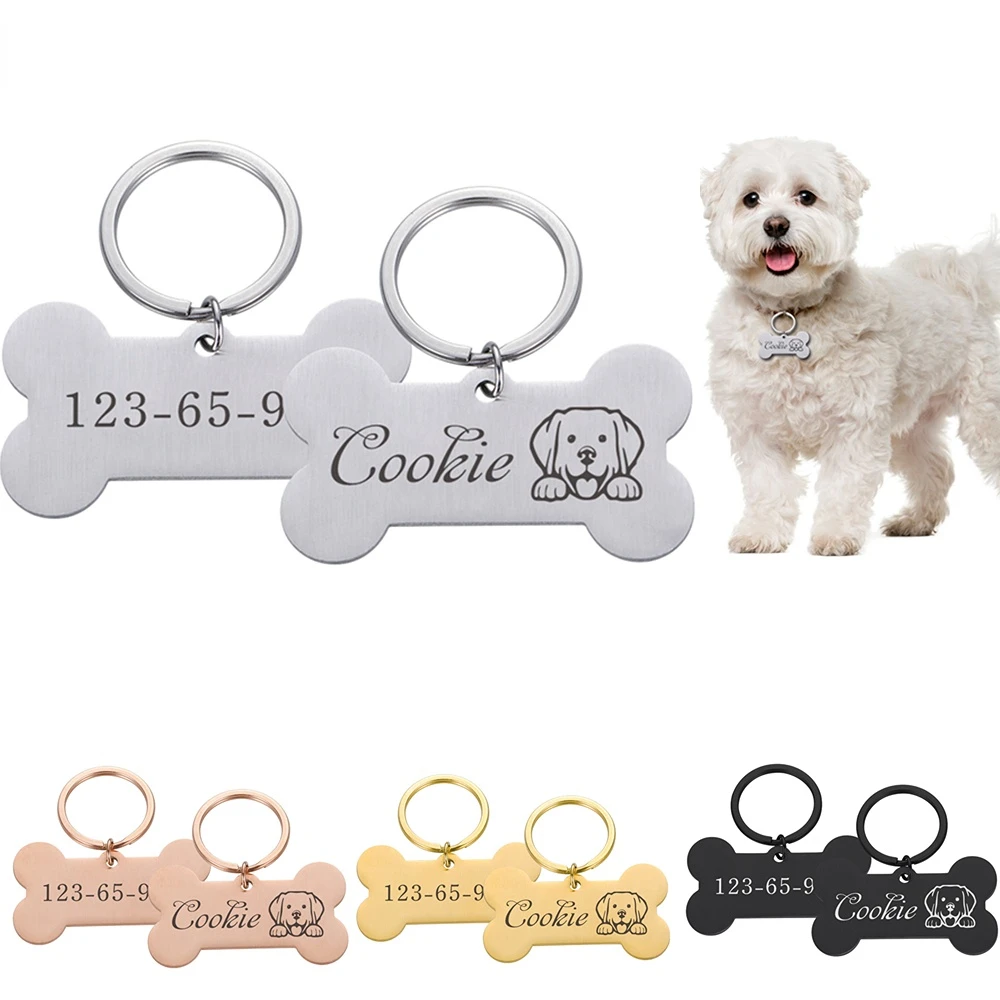 Custom Name Anti-lost ID Tag Engraved Record Tel Name Cat Puppy Personalized Bone Medal Pendant Dog Pet Collar Accessory