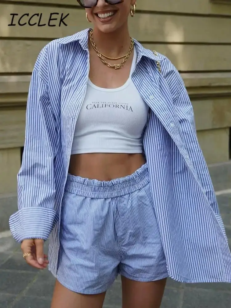 

Женские повседневные спортивные костюмы Icclek в полоску, зеленый летний комплект с шортами, рубашка в стиле оверсайз, шорты с высокой талией, комплект из двух предметов, женская одежда