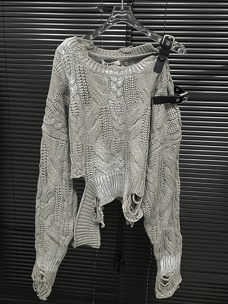 Женский трикотажный пуловер с длинным рукавом и открытыми плечами