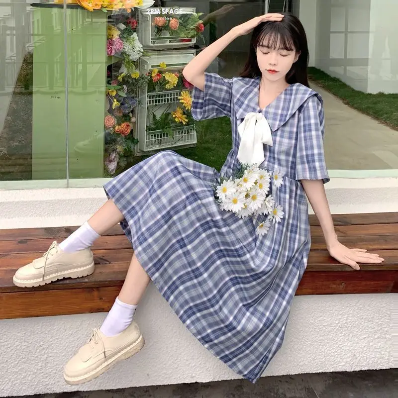 Женское клетчатое платье с круглым вырезом свободное Повседневное в стиле