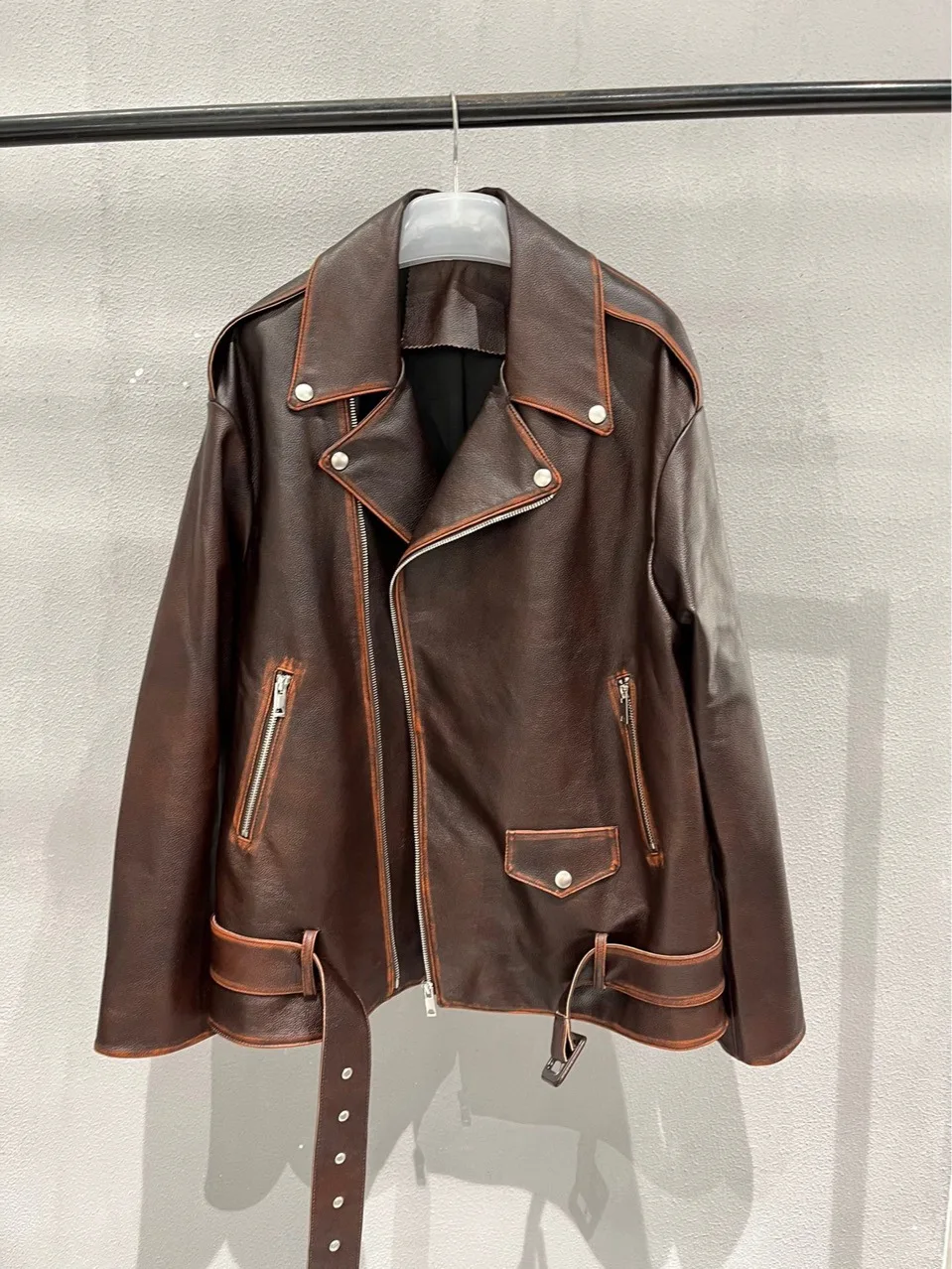 

Женская байкерская куртка из коровьей кожи, Свободное пальто из натуральной кожи, Осень-зима 2023