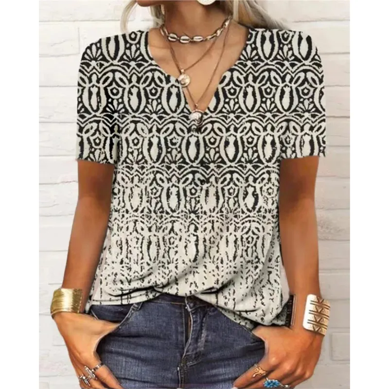 Повседневные свободные винтажные топы с v-образным вырезом и принтом женская