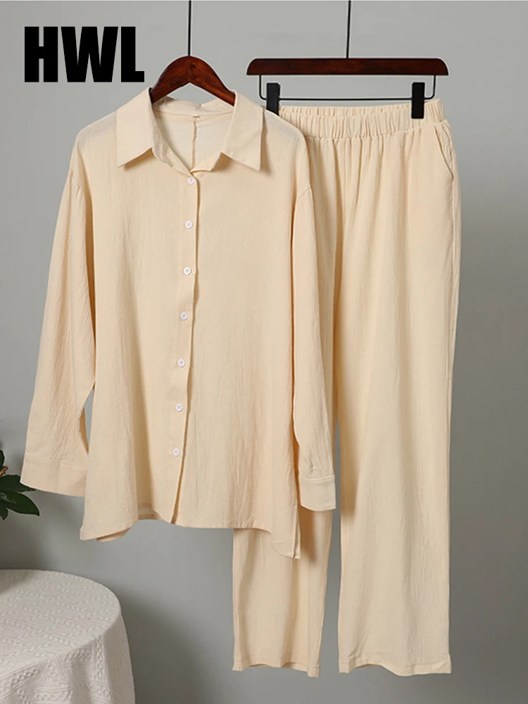 

Cotton Linen 2 Piece Suits Blouse+5XL Ankle Wide Leg Pants Summer Autumn Casual Tracksuit Shorts Set Long Sleeve Shirt Top