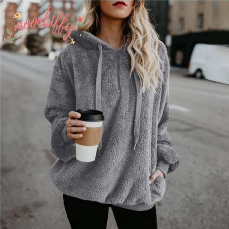 

Plus Size Autumn Women Velvet Hoodues Warm Plush Pocket Street Hooded Loose Coat Ladies Clothing Pure Color Hoodies Sweatshirts
