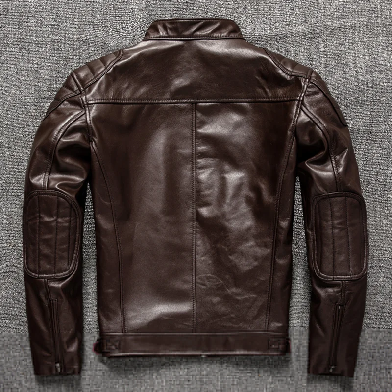 Мужская байкерская куртка из 100% натуральной овечьей шкуры коричневая