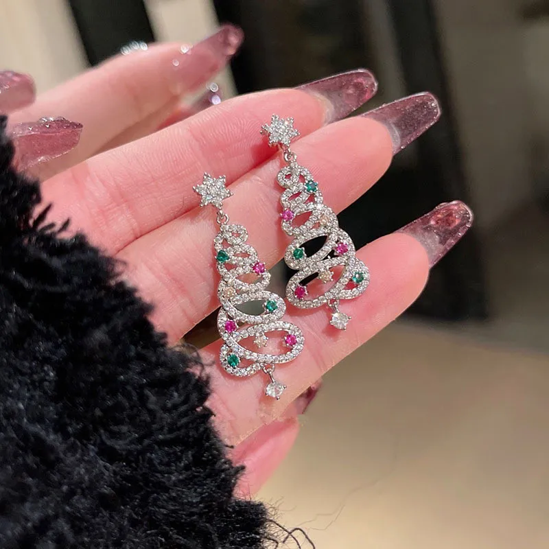 

New Full Inlaid Colorful Zircon Christmas Tree Tassel Earrings Women's Personality Fashion Earrings Party Jewelry Christmas Gift
