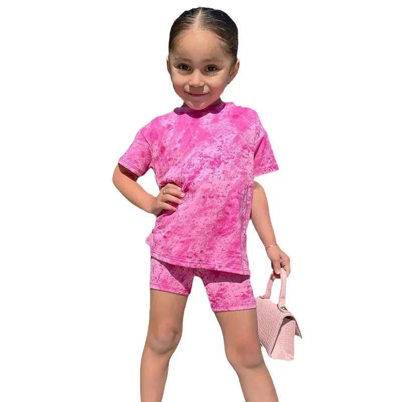 

1-8Y Kids Summer Clothing Shorts Sets for Girls Short Sleeve Pink Tie Dye Tops Shirt+Shorts Pants Children's Girl Casual Clothes