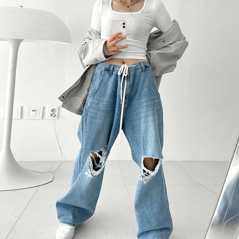 

WeiYao Vintage Ripped Jeans Streetwear Cutout Straight Low Rise Baggy Mom Jeans Y2k Aesthetic HipHop Cargo Pants Basic Trousers