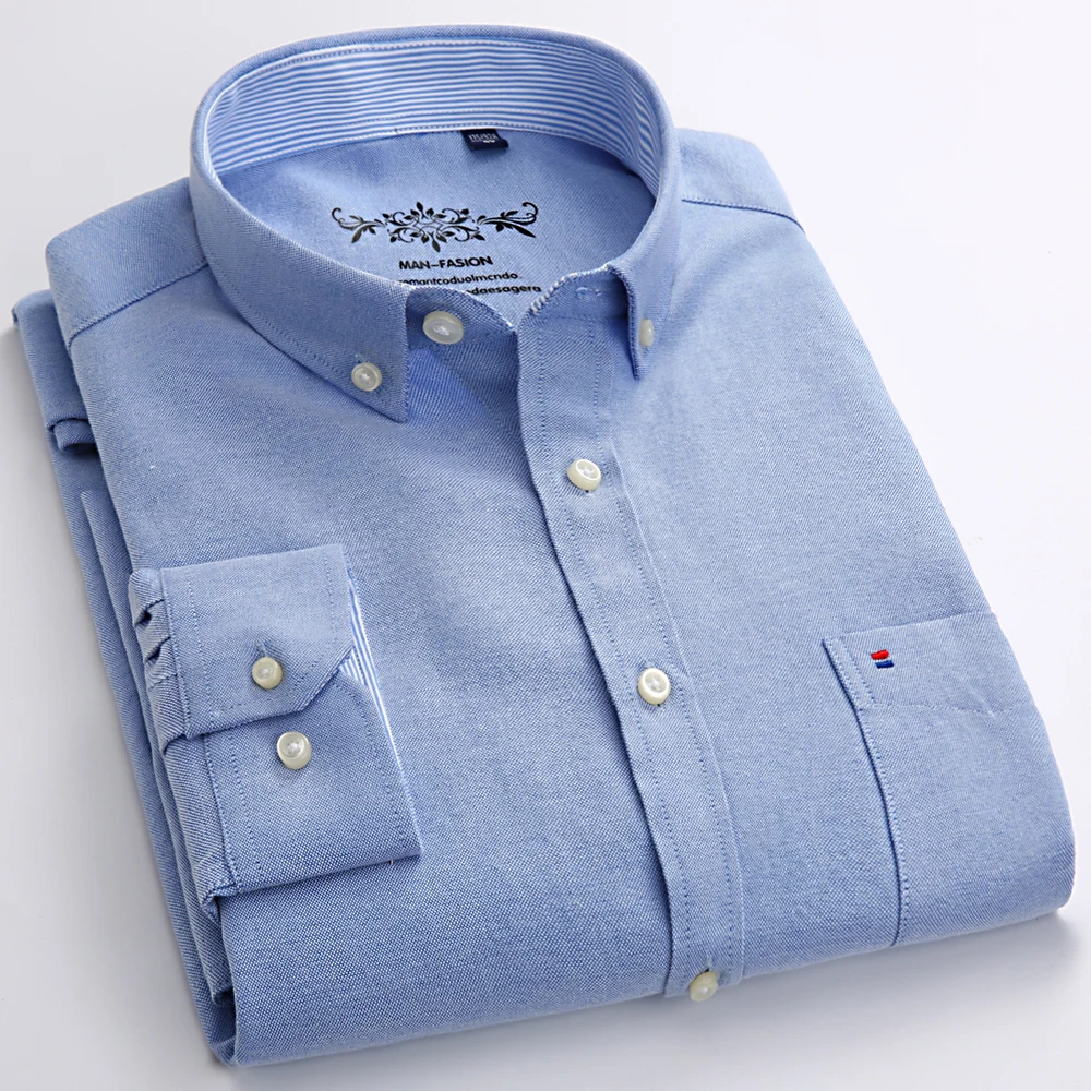

Spring Men's Thick Oxford Spinning Blue Long Sleeve Shirt Youth Middle Aged Business Casual No Iron Loose Outdoor Shirt