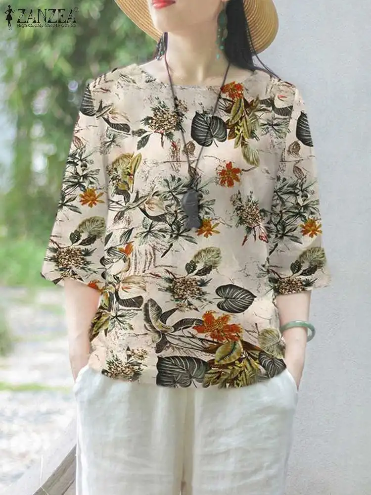 

ZANZEA Casual Everyday Tunic Tops Loose 3/4 Sleeve Blouses Women Holiday Floral Print Rond Neck Shirts 2023 Summer Cotton Blusas