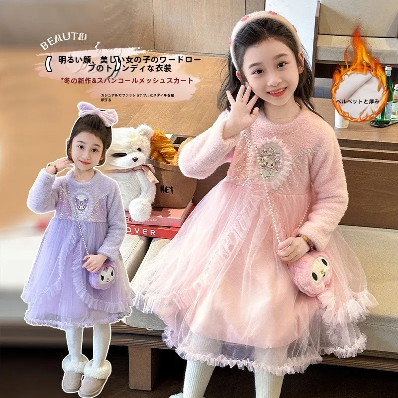 Бархатное платье из норки с героями мультфильмов для девочек новинка 2024